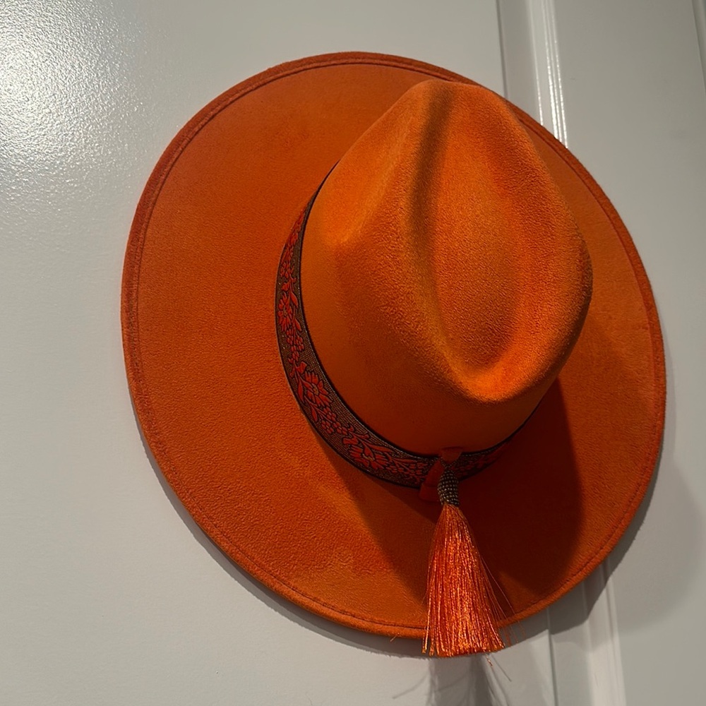 Orange Wide-Brim Hat with Tassel